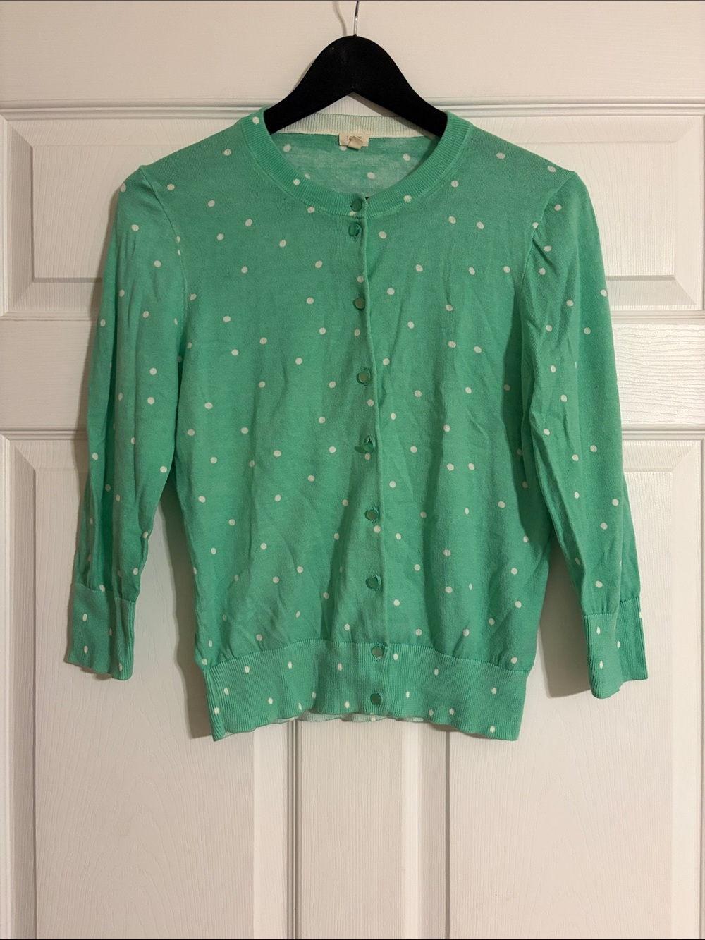 J.Crew Mint Green White Polka Dot Button Front Crewneck Cardigan Sweater Size L